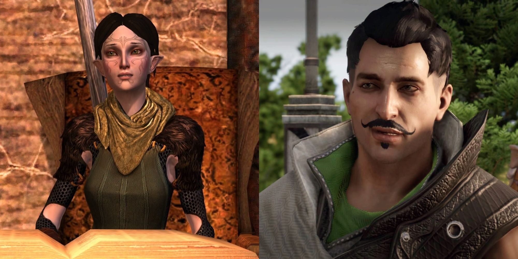 Split image showing Merrill and Dorian in Dragon Age