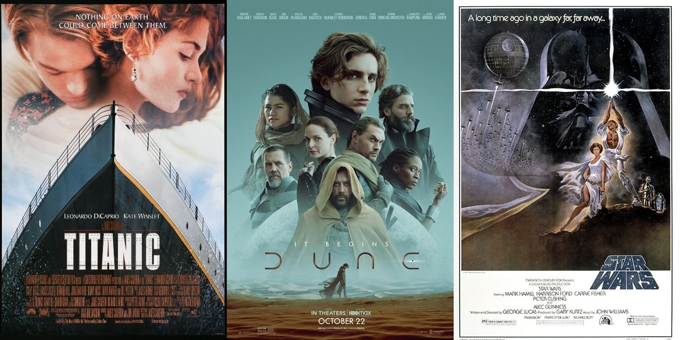 Split image of posters of Titanic, Dune 2021, and Star Wars.