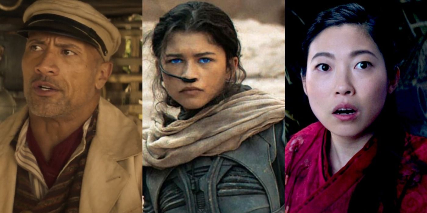 A split image features Dwayne Johnson in Jungle Cruise, Zendaya in Dune, and Awkwafina in Shang-Chi