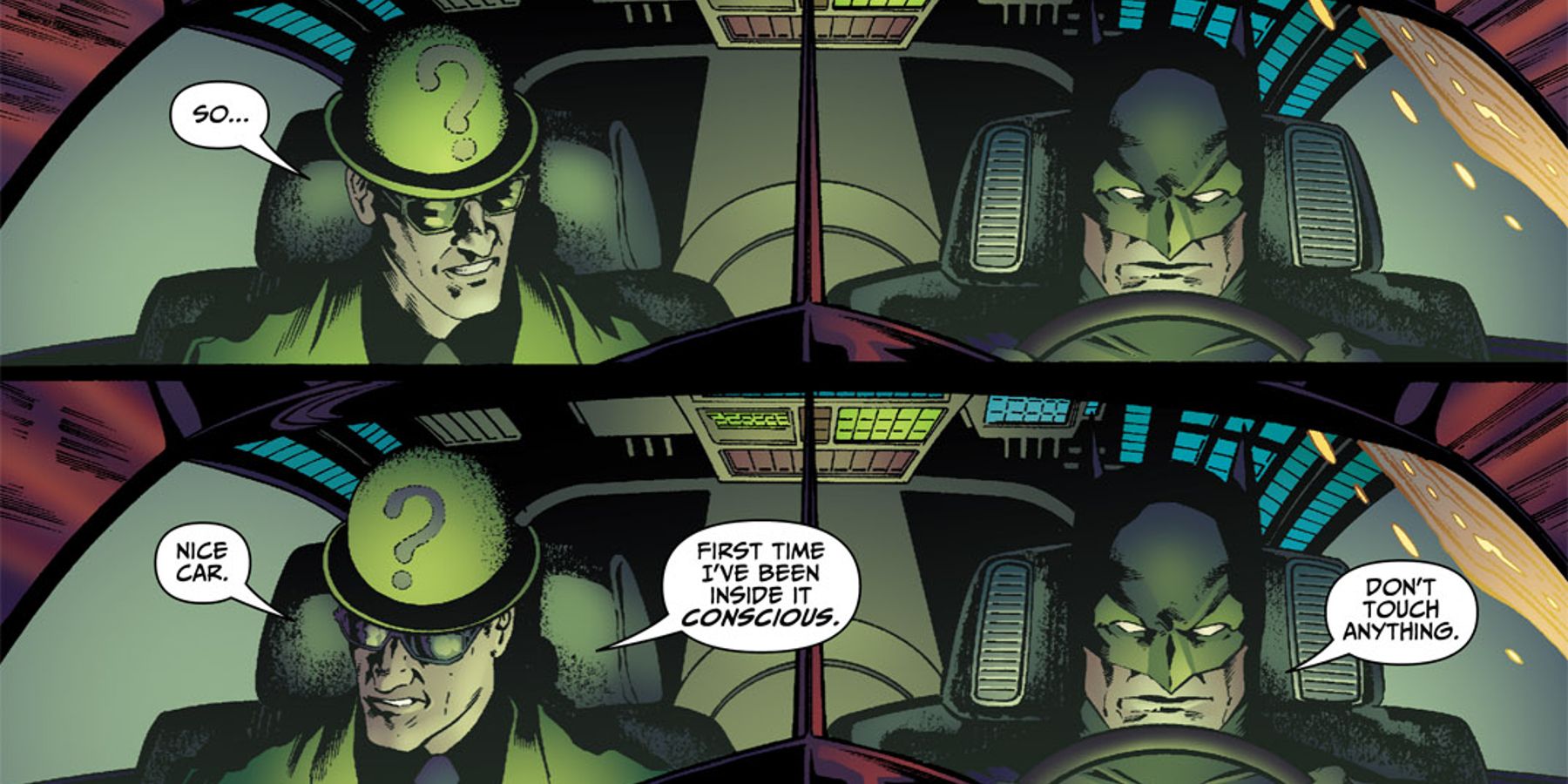 Edward Nigma inside the Batmobile chatting with Batman in Detective Comics 822