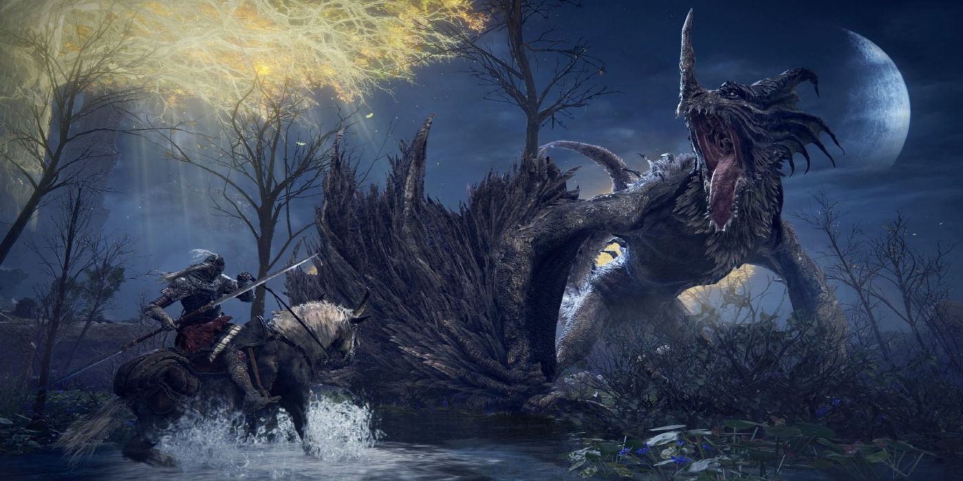 A promotional image of the player battling a dragon in Elden Ring.
