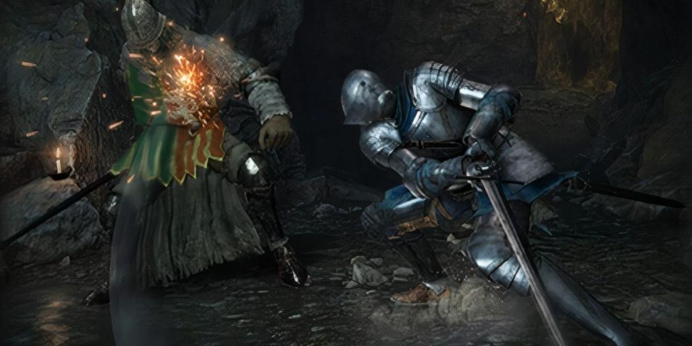 The player fighting against one of Godrick's soldiers in Elden Ring