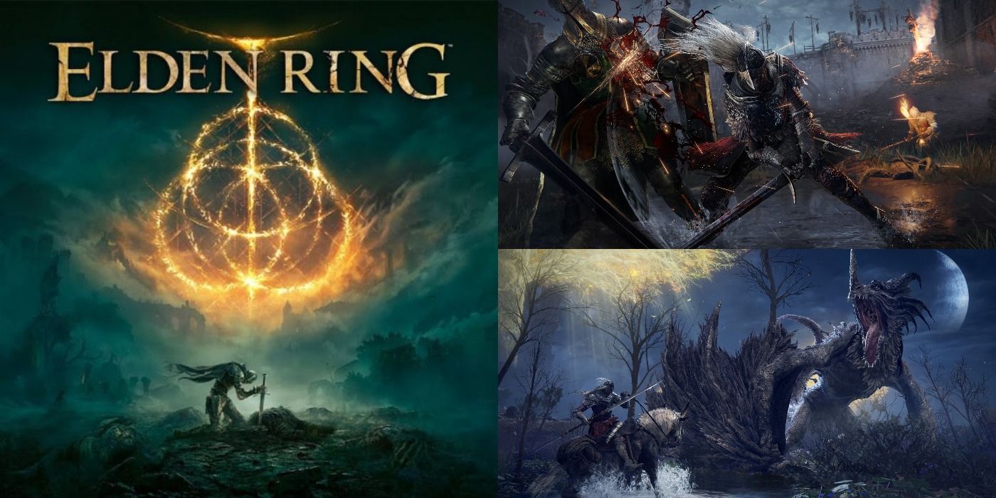 Split image of Elden Ring promo art and gameplay stills with the Tarnished fighting different enemies