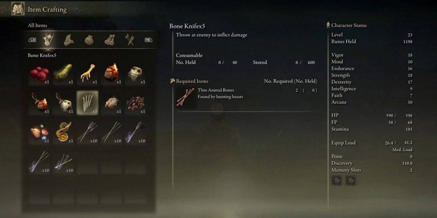 In-game screenshot of Elden Ring's item crafting menu