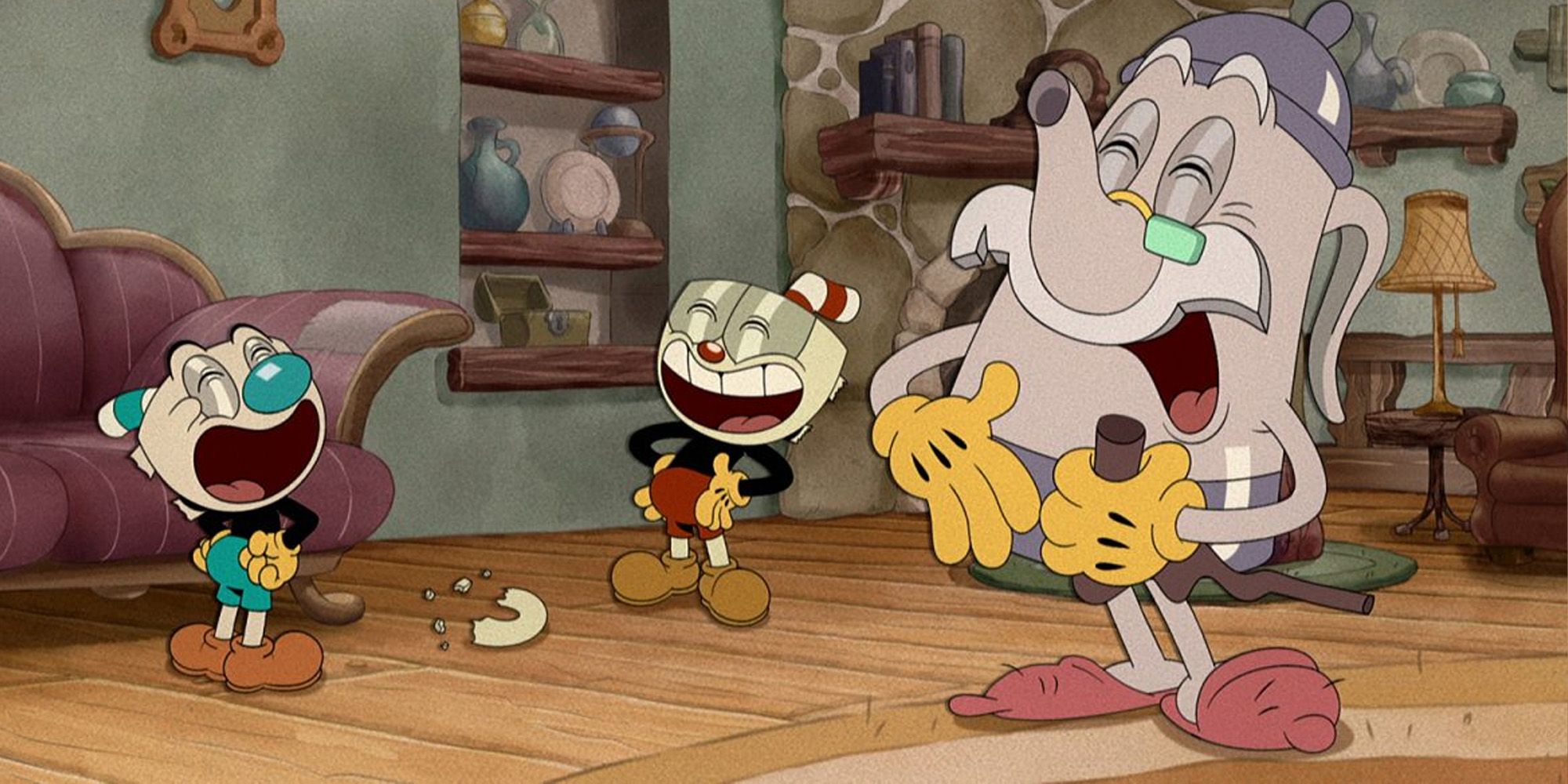 Mugman, Cuphead, and Elder Kettle in The Cuphead Show!
