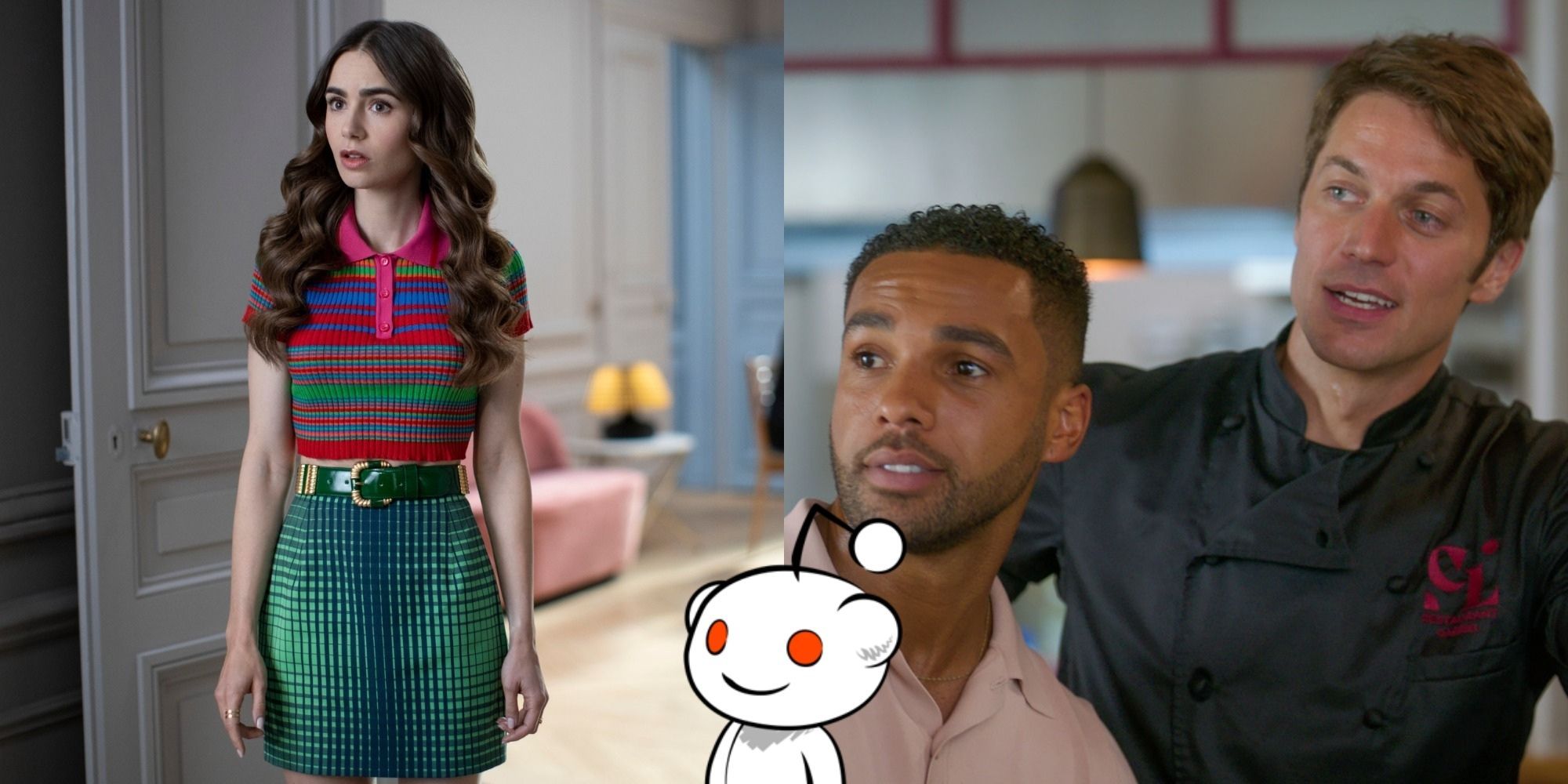 Split image showing Emily and Alfie and Gabriel in Emily in Paris with Reddit's Snoo