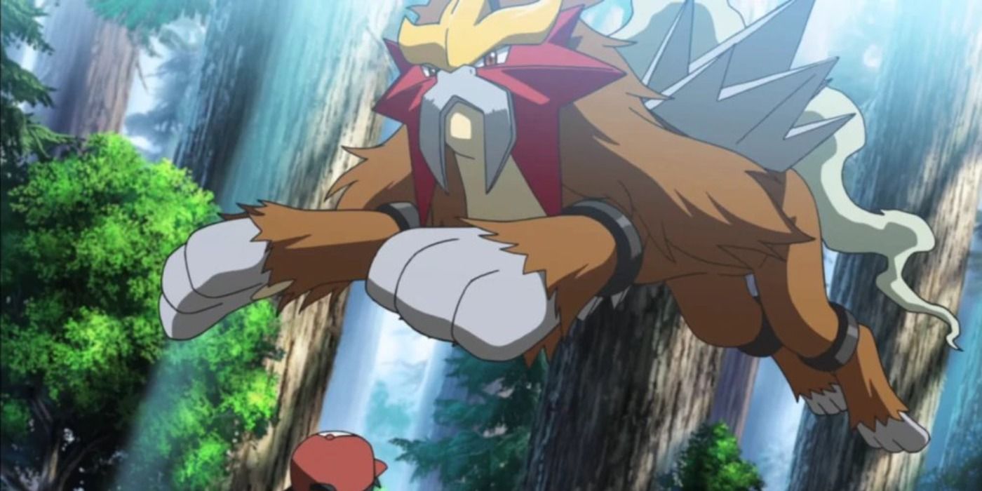 Entei saltando sobre Ash no anime Pokémon