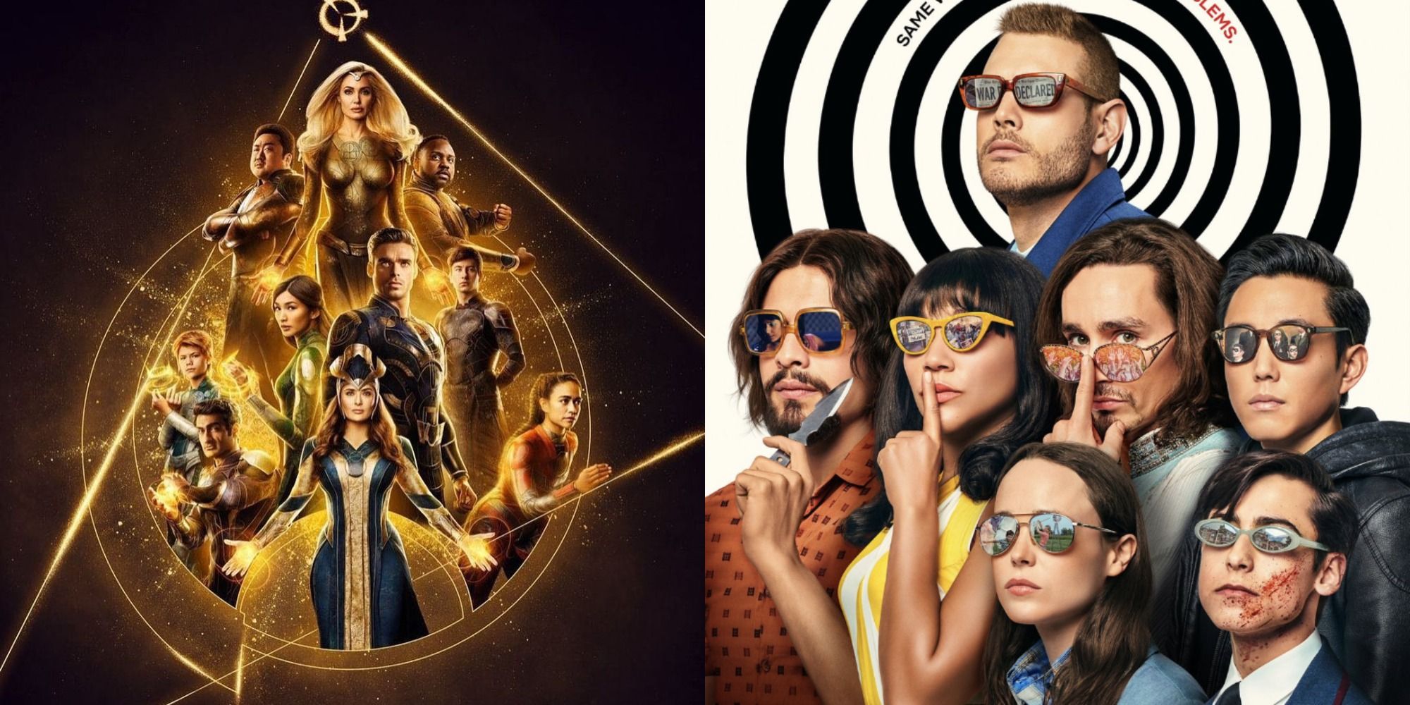 Split image showing characters from Eternals and TUA
