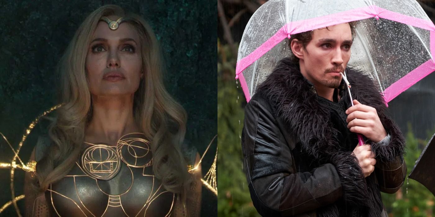 Split image showing Thena in Eternals and Klaus in TUA