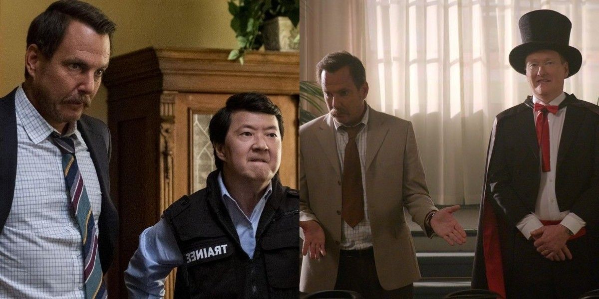 Split image of two episodes of Murderville