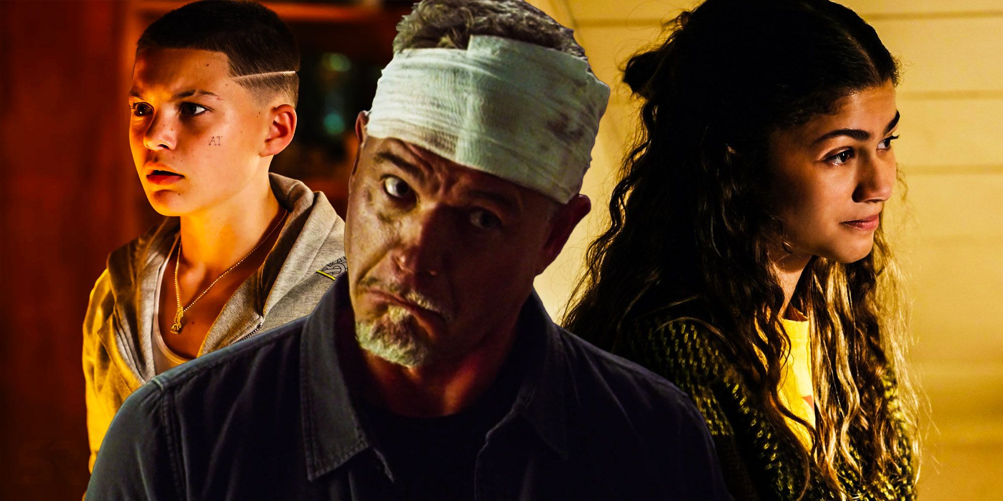 A composite image of Cal with a bandage on his head looking sadly with Ashtray looking scared and Rue looking on expectantly in Euphoria