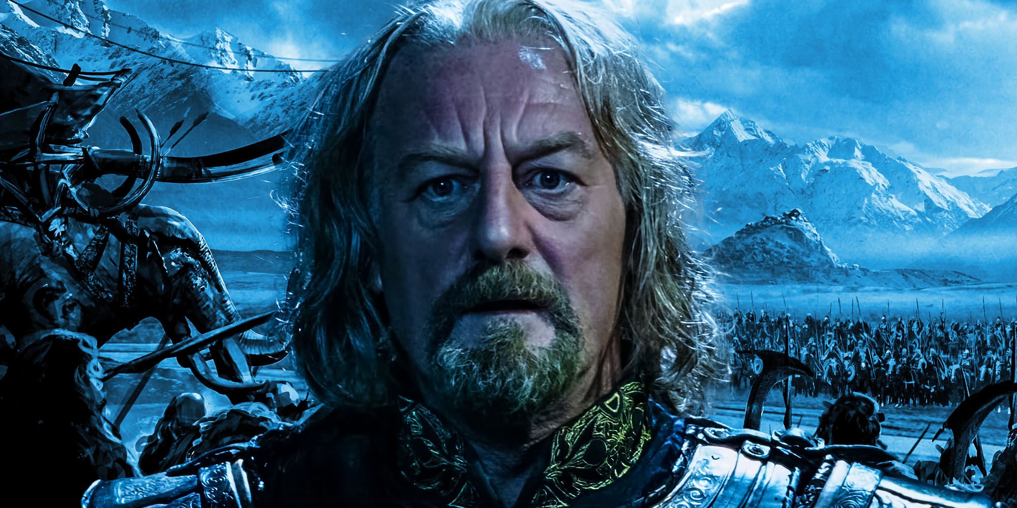 King Theoden looks onward with a battle in the background from Lord of the Rings