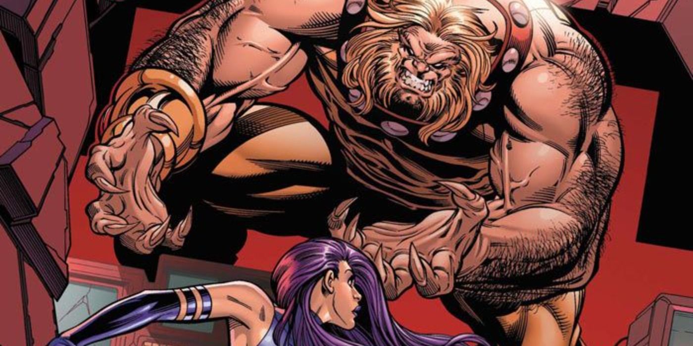 Exiles Sabretooth fights Psylocke in Marvel Comics.