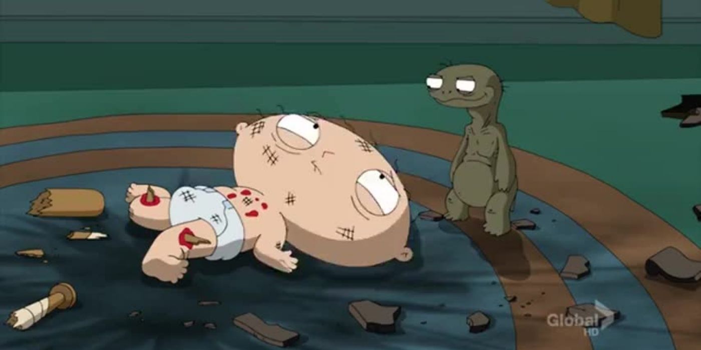 Stewie being attacked by a turtle in Family Guy