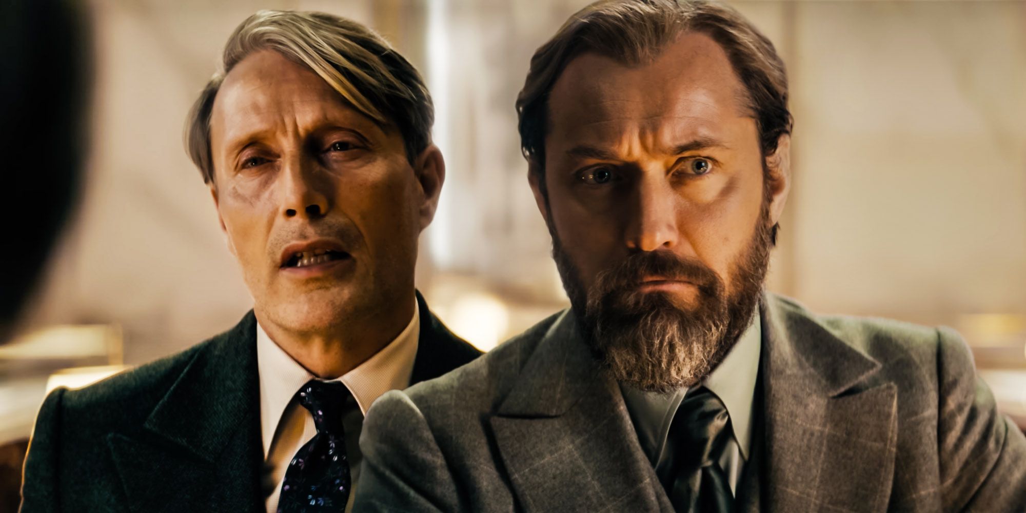 Blended image of Grindelwald and Dumbledore in The Secrets of Dumbledore