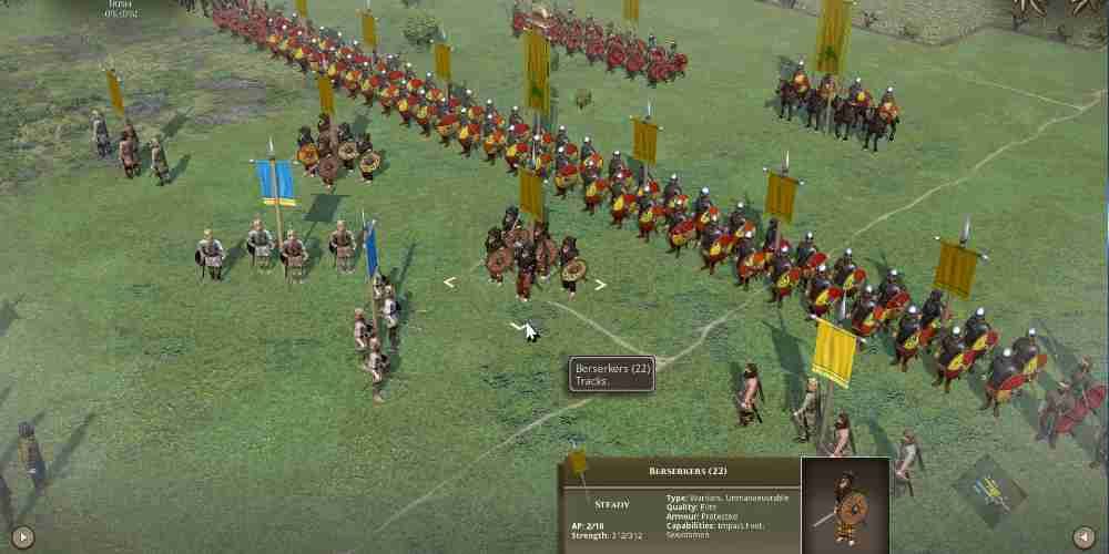 A screenshot of Field of Glory II Medievil shows a line of troops protecting another garrison from attack.