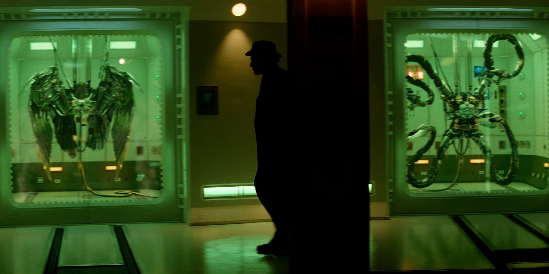 Fierce walking by Doc Ock tentacles and Vulture wings at OsCorp in The Amazing Spider-Man 2