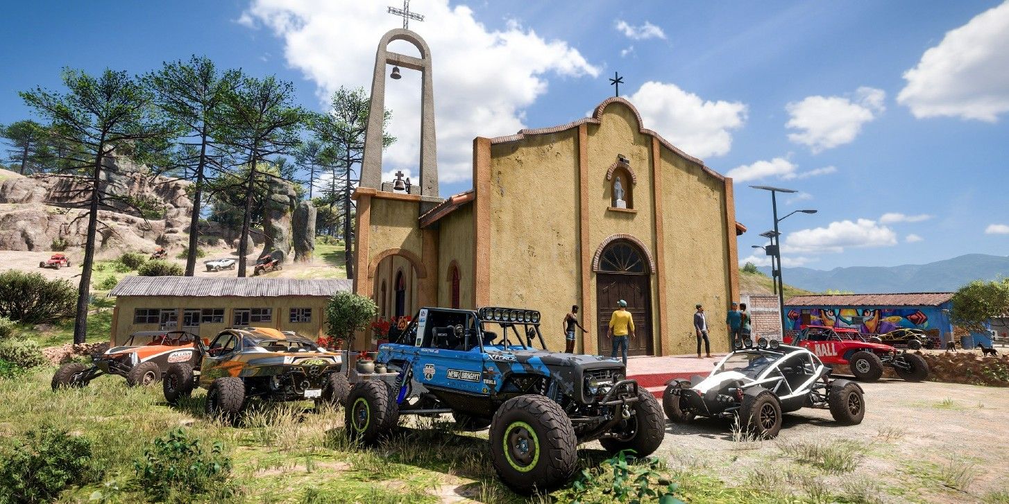 Cars outside a church in Forza Horizon 5 