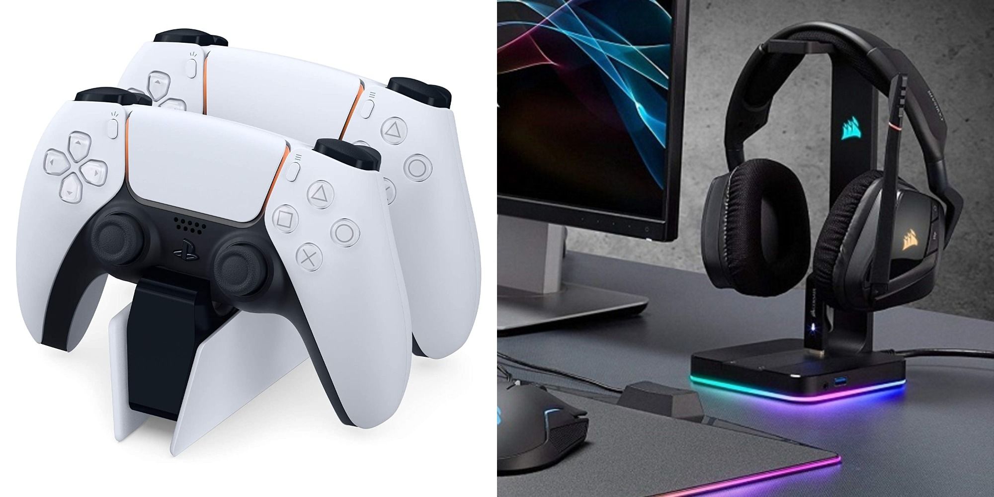 Split image showing a controller docking station and a headphone rack