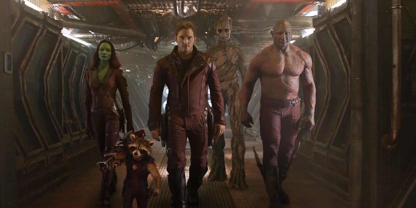 Gamora, Rocket, Peter Quill, Groot, and Drax in Guardians of the Galaxy.