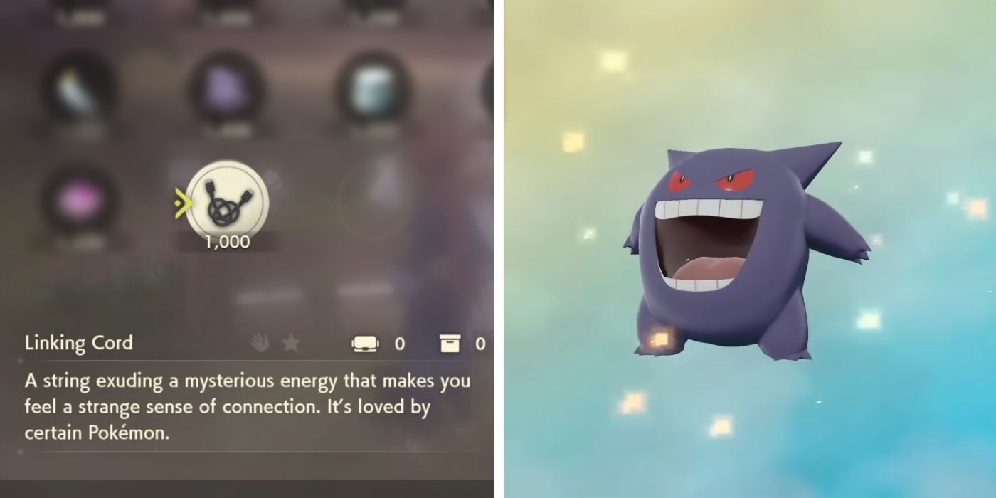 Gengar in Pokémon Legends Arceus next to a picture of the linking cord item