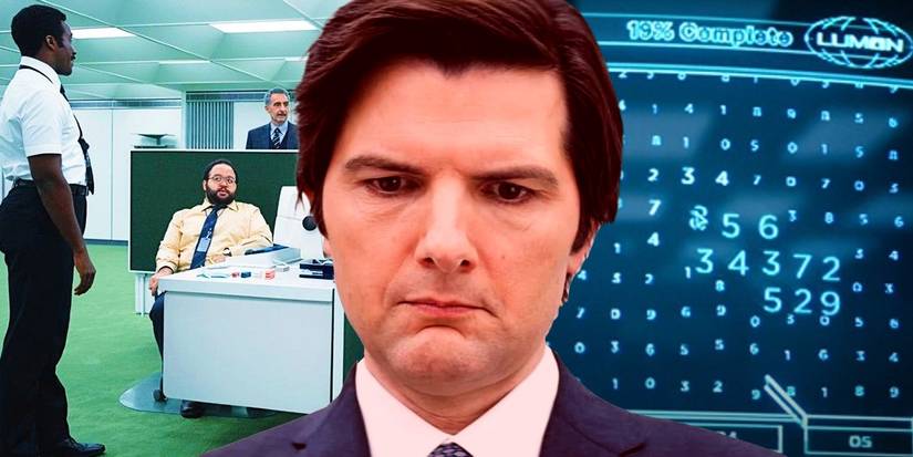 Severance - Mark Scout, Lumon employees, and screen shot of computer with Lumon's numbers.
