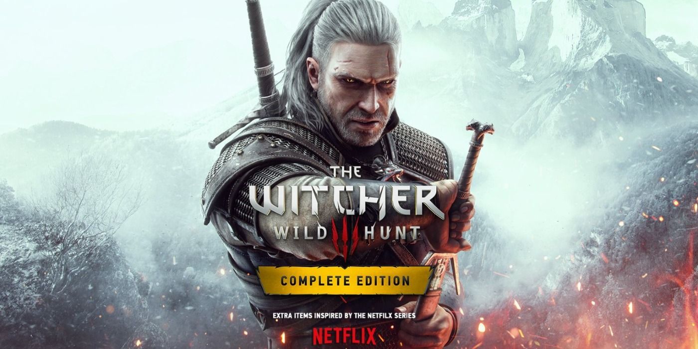 Geralt drawing his sword in The Witcher 3: Wild Hunt - Complete Edition promo art.