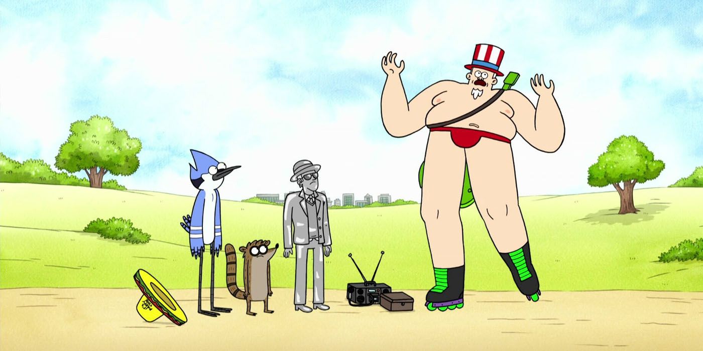 God of Street Performing speaks to Mordecai, Rigby and Silver Dude in Regular Show