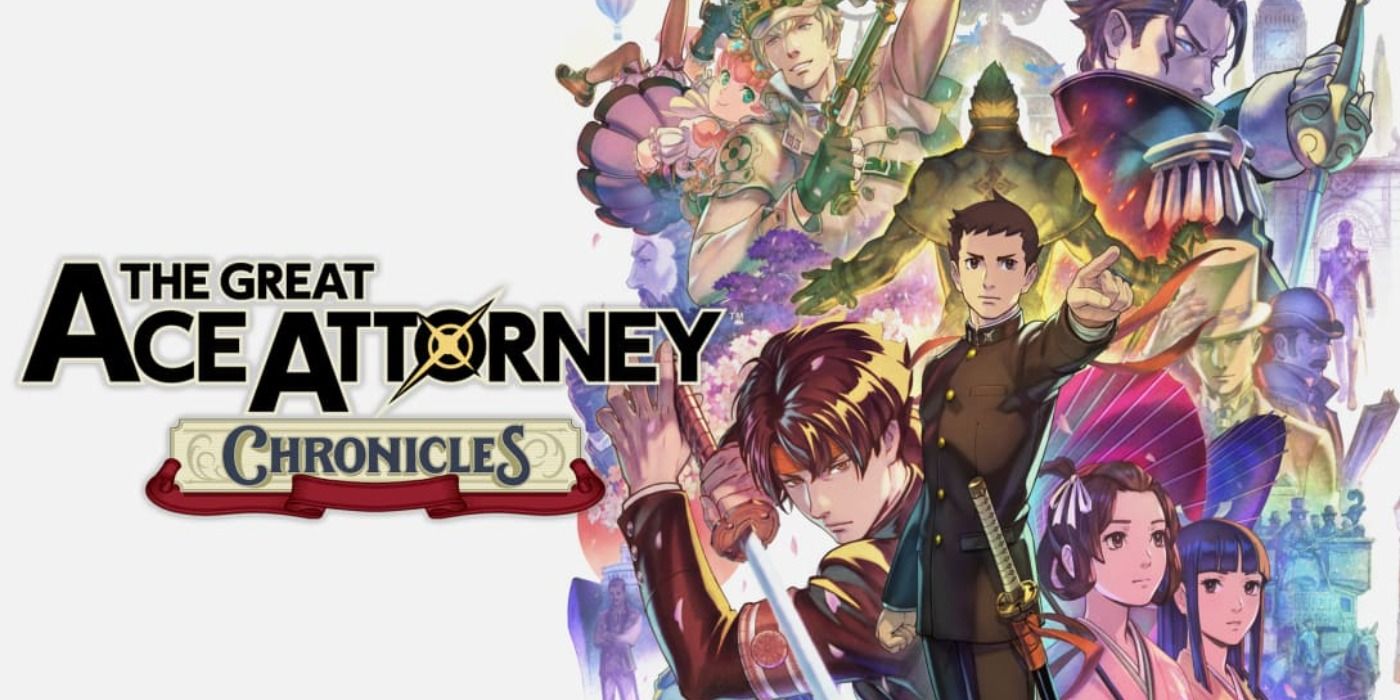 Promo art for The Great Ace Attorney Chronicles featuring Ryuunosuke Naruhodo in the foreground on a collage of the main cast