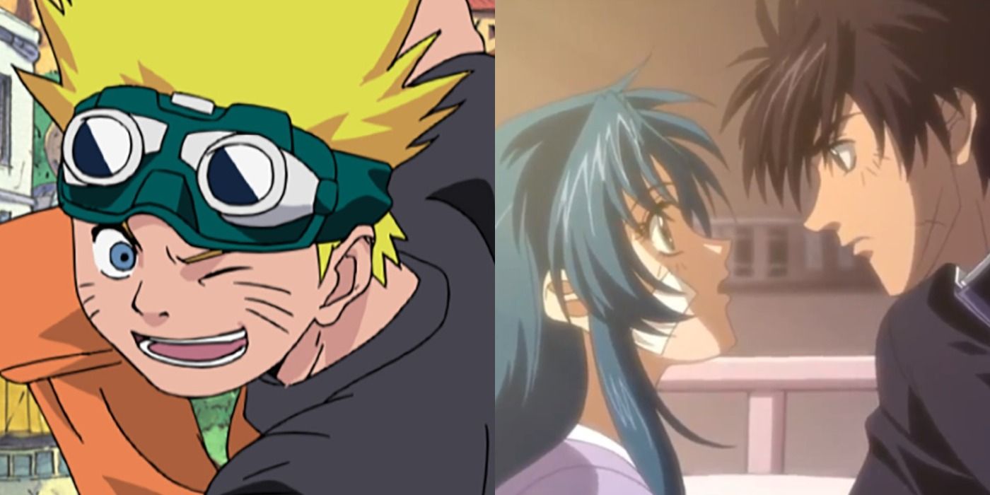 A two-image collage. On the left, a young Naruto Uzumaki winks and grins at the camera. On the right, Kaname Chidori and Sousuke Sagara stare into each other's eyes.