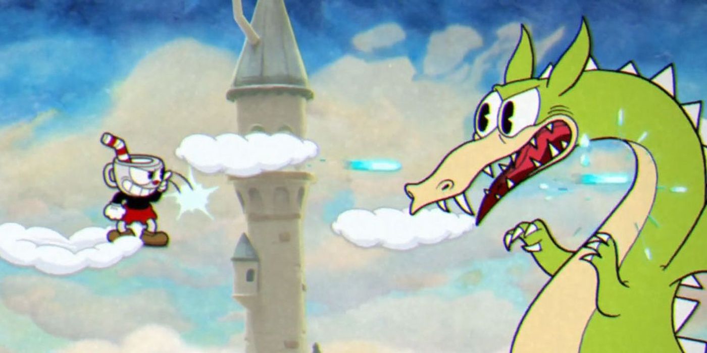 Grim Matchstick fights Cuphead in the clouds