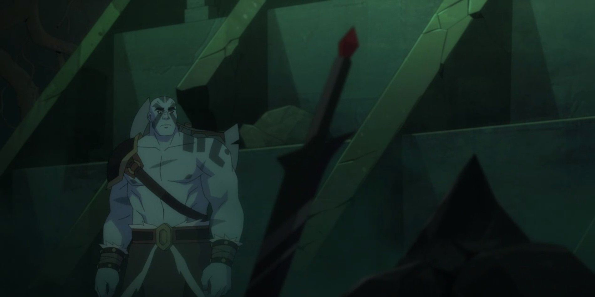 Grog looking at Sylas' sword in Legend of Vox Machina
