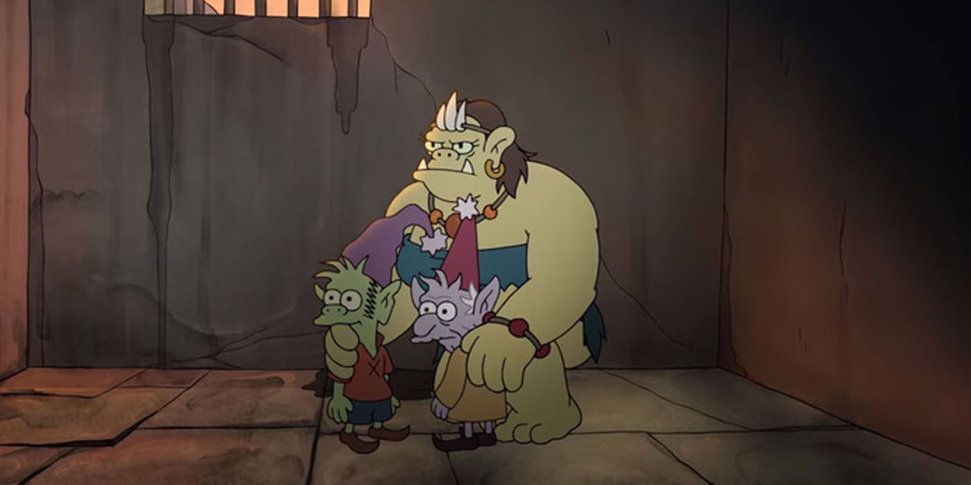 Grogda protects Elfo and Pops in Disenchantment