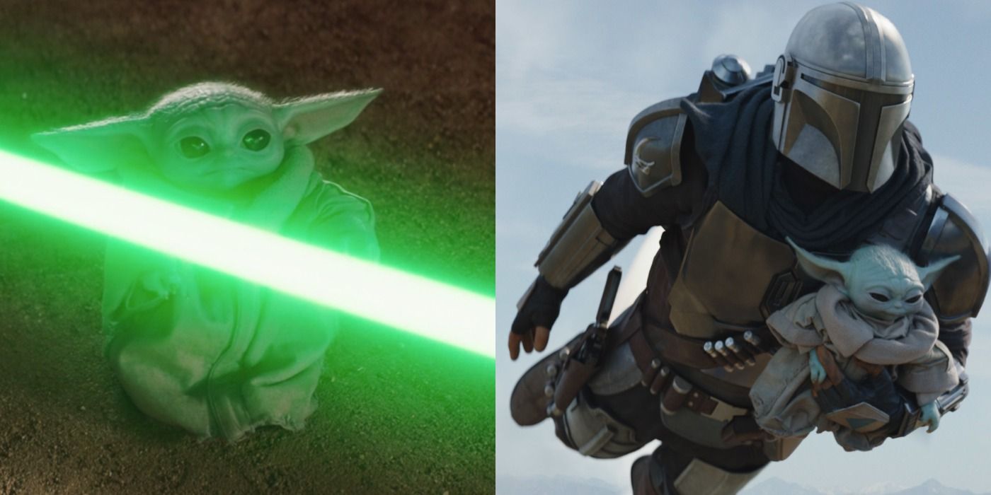 Split image of Grogu with a lightsaber and with Din Djarin