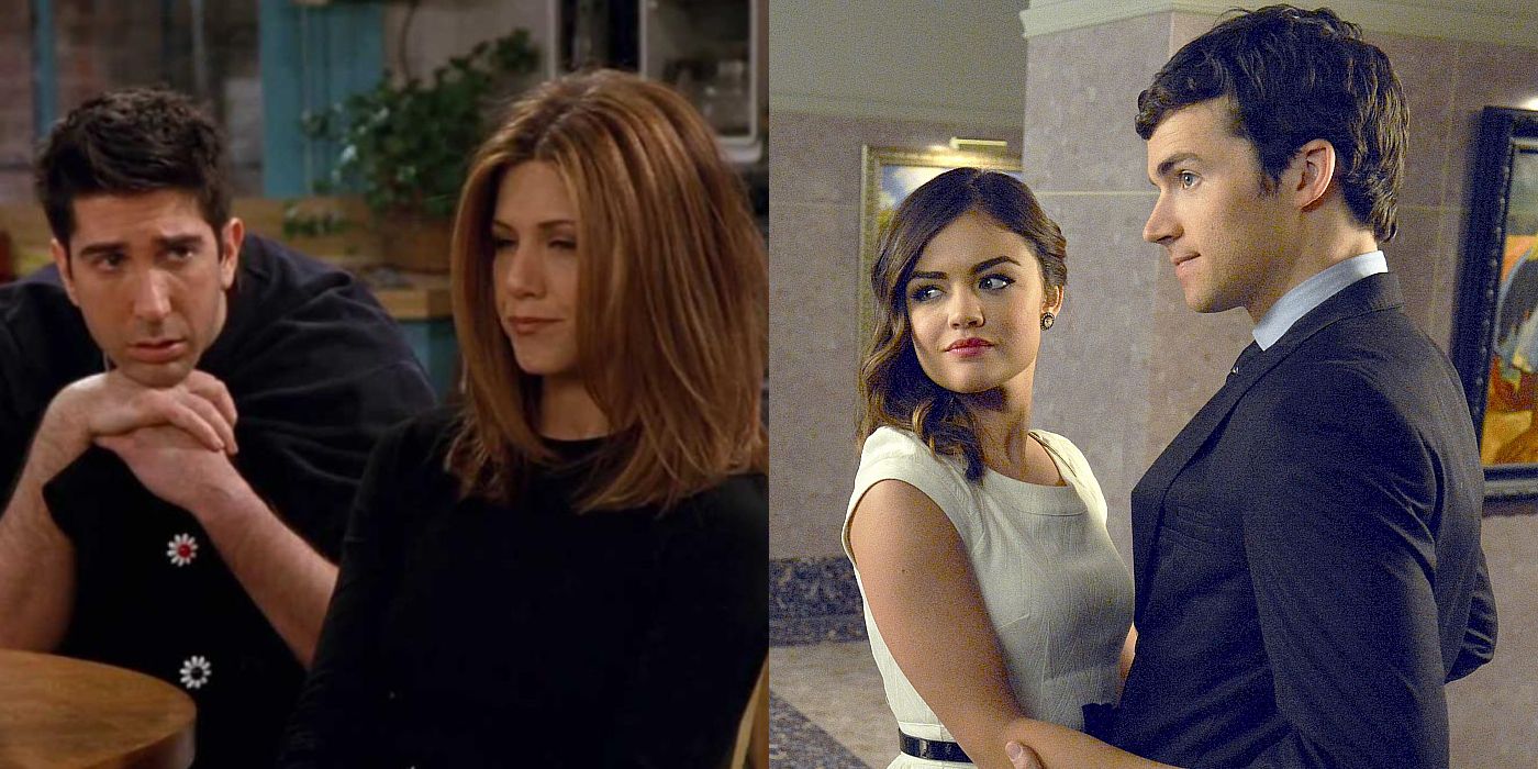 Split image of Ross and Rachel with Aria and Ezra