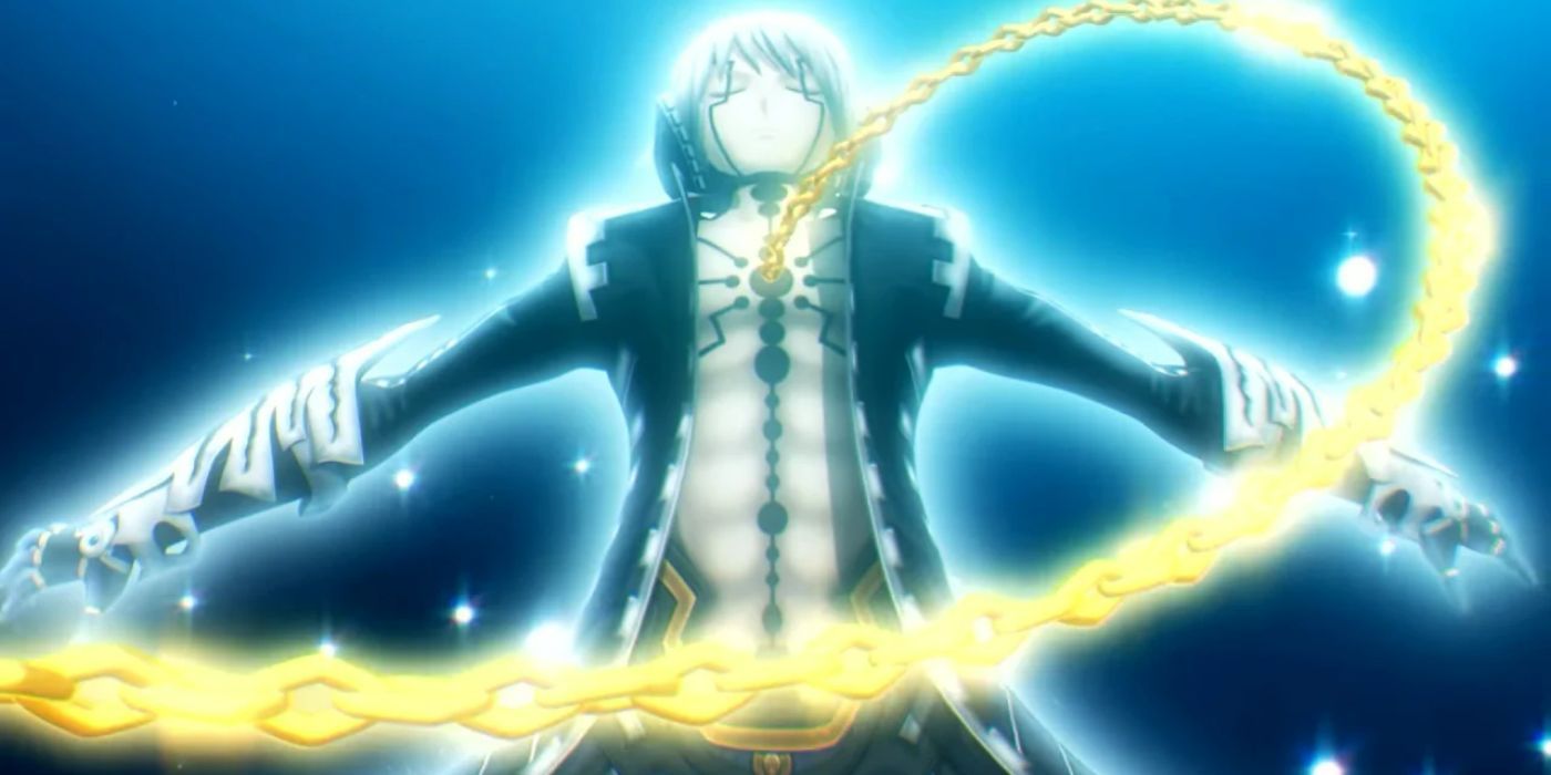 Character with a gold stream connecting their their chest and glowing from .hack//G.U.