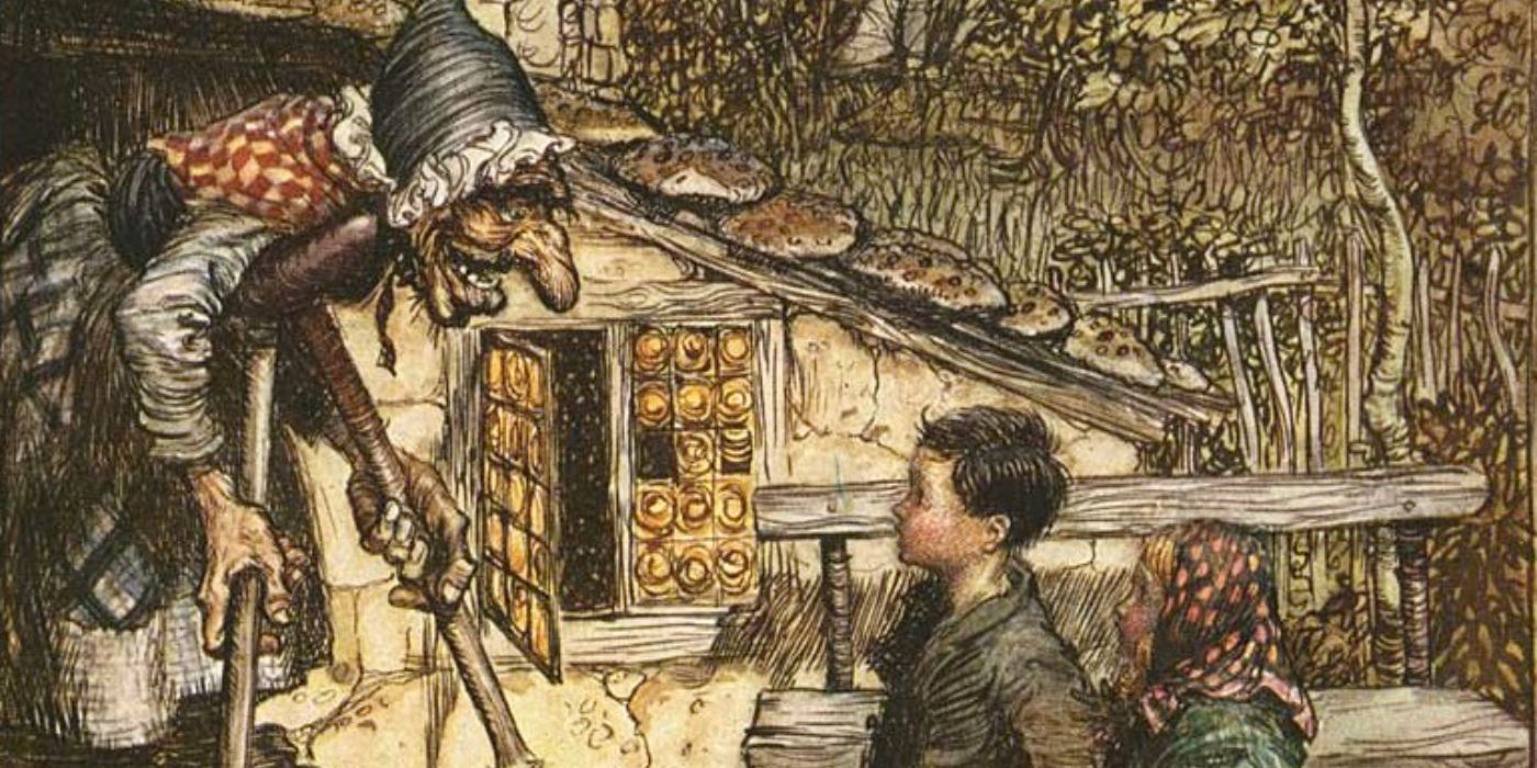 Hansel and Gretel approach the witch in her house