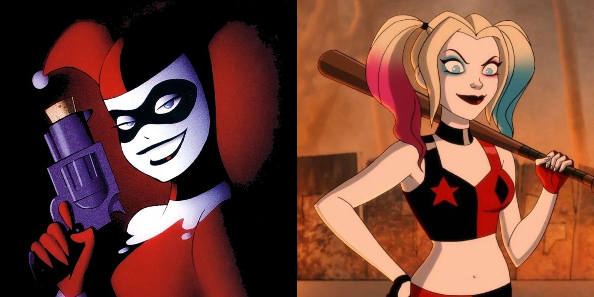 Split image showing Harley Quinn in Batman TAS and in Harley Quinn HBO Max series