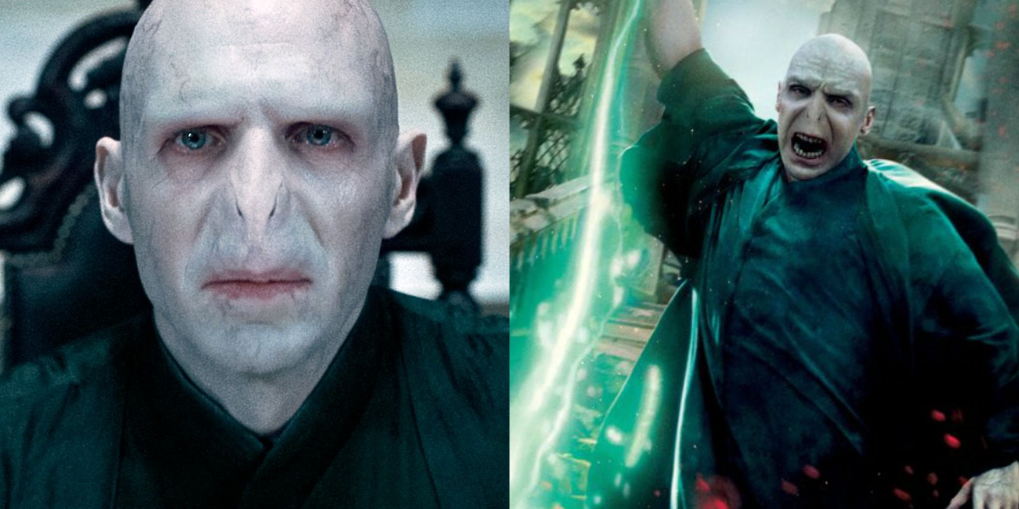 Split image showing a close-up of Voldemort and him casting the killing curse