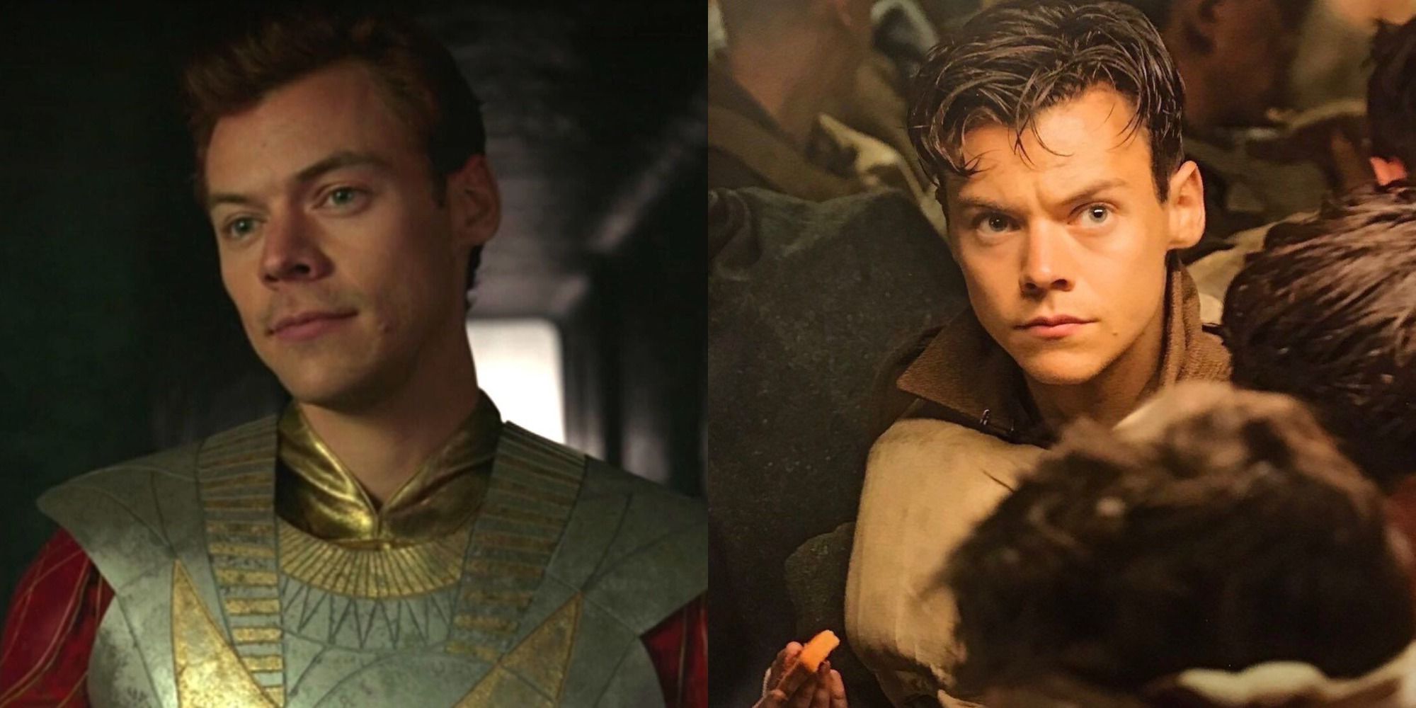 Split image showing Harry Styles in Eternals and Dunkirk