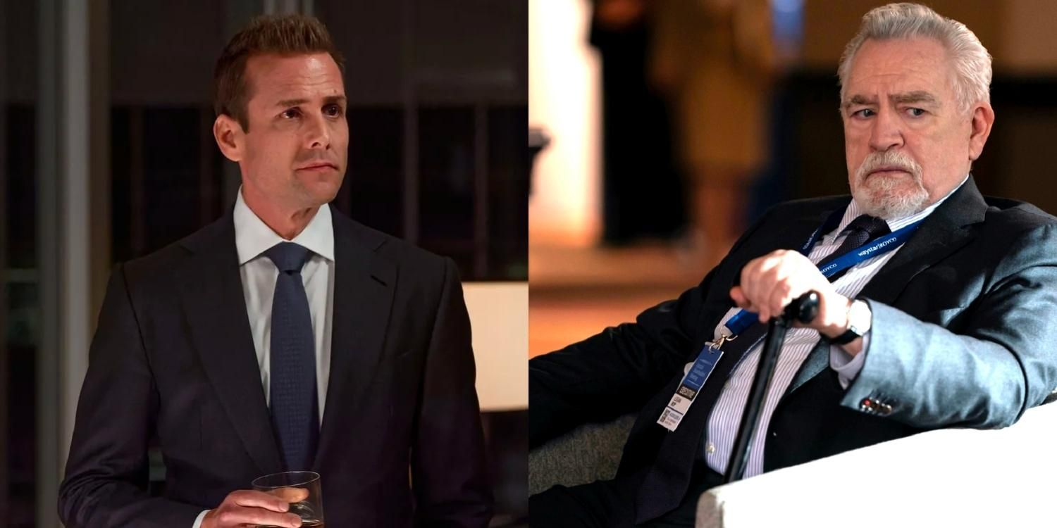 Harvey standing with a drink in Suits and Logan Roy sitting in Succession