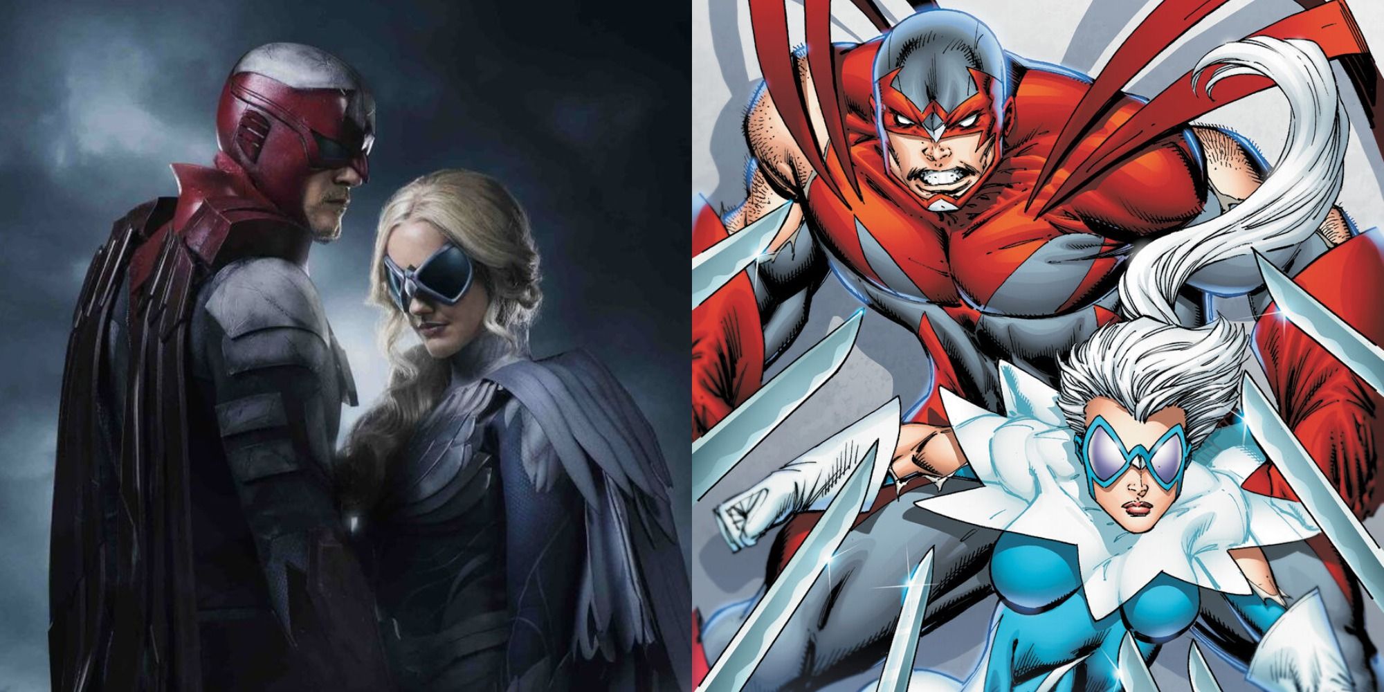 Split image showing Hawk and Dove in Titans and in the comics