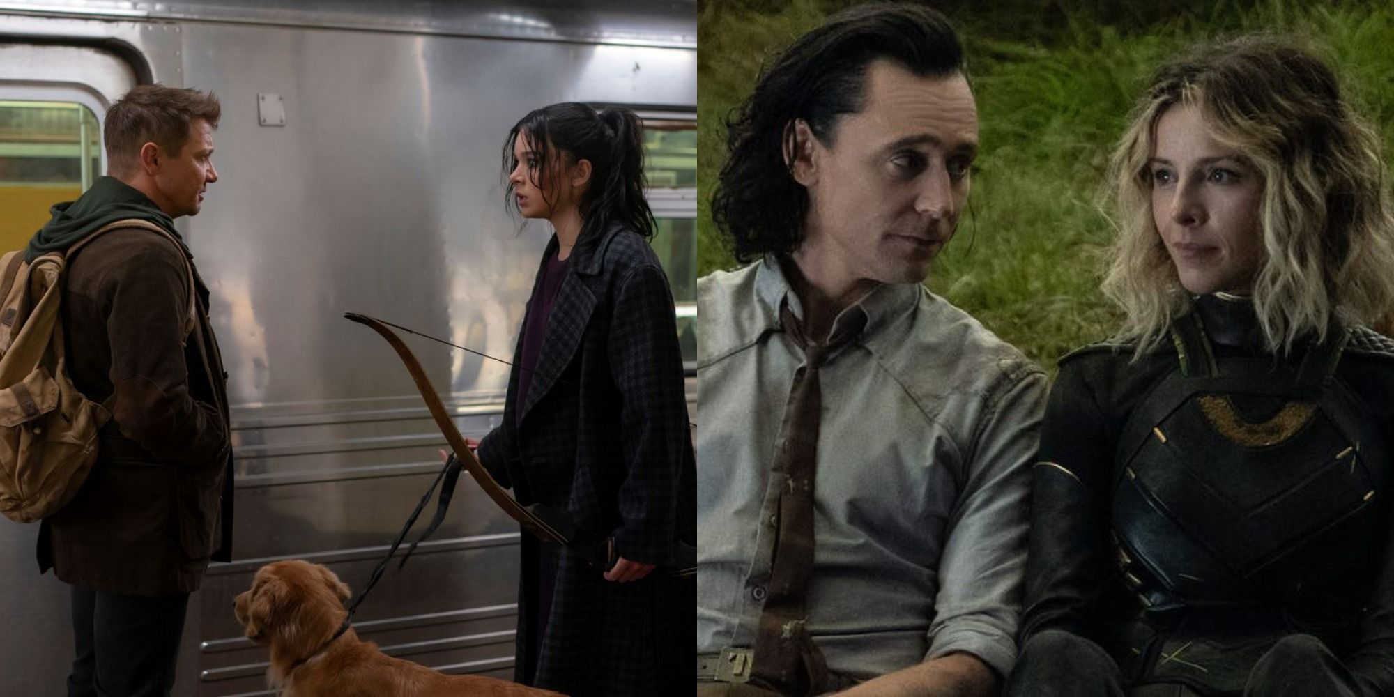 Split image showing Clint and Kate in Hawkeye and Loki and Sylvie in Loki