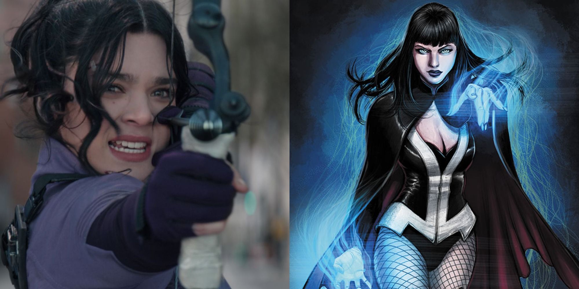 Split image showing Kate Bishop in Hawkeye and Zatanna in DC Comics