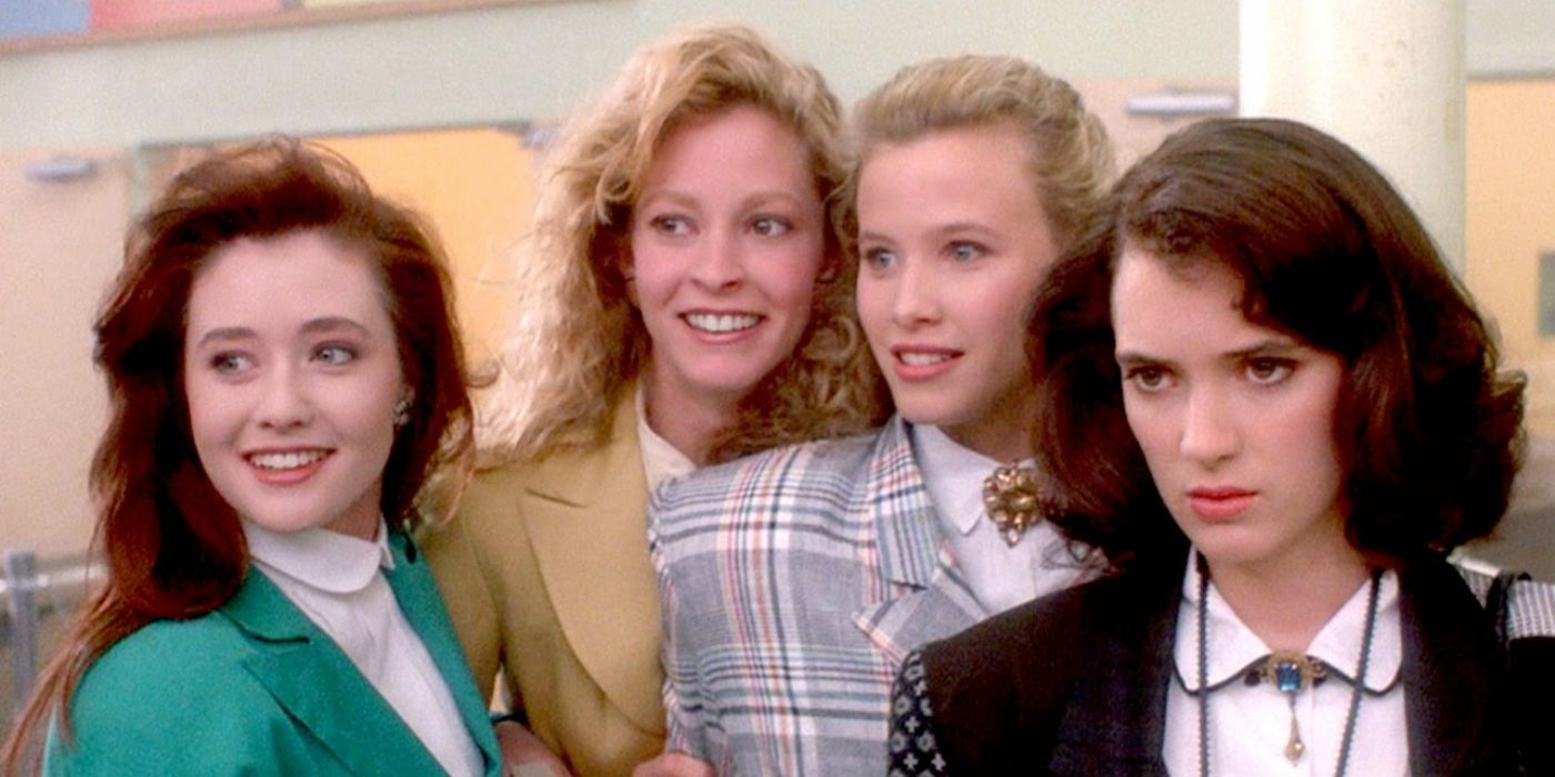 Three Heathers and Monica in the hallway in Heathers