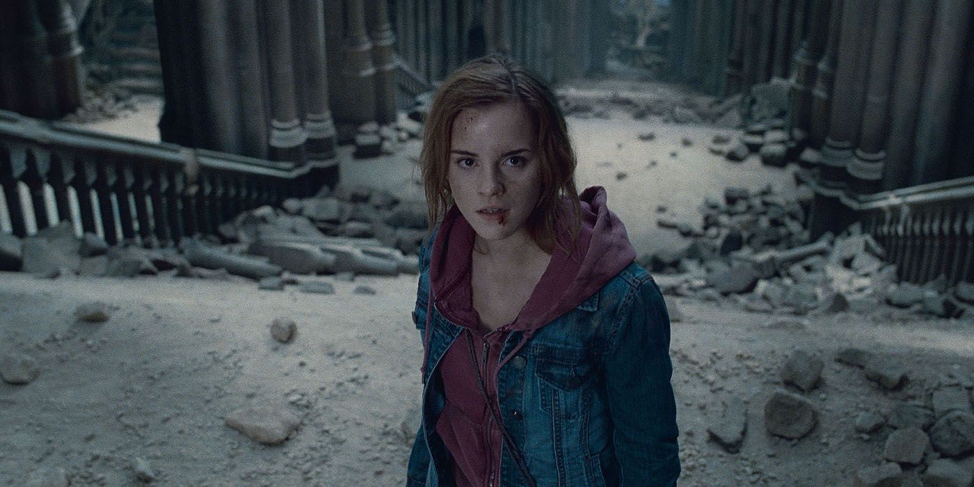 Hermione in the Battle of Hogwarts in Harry Potter.