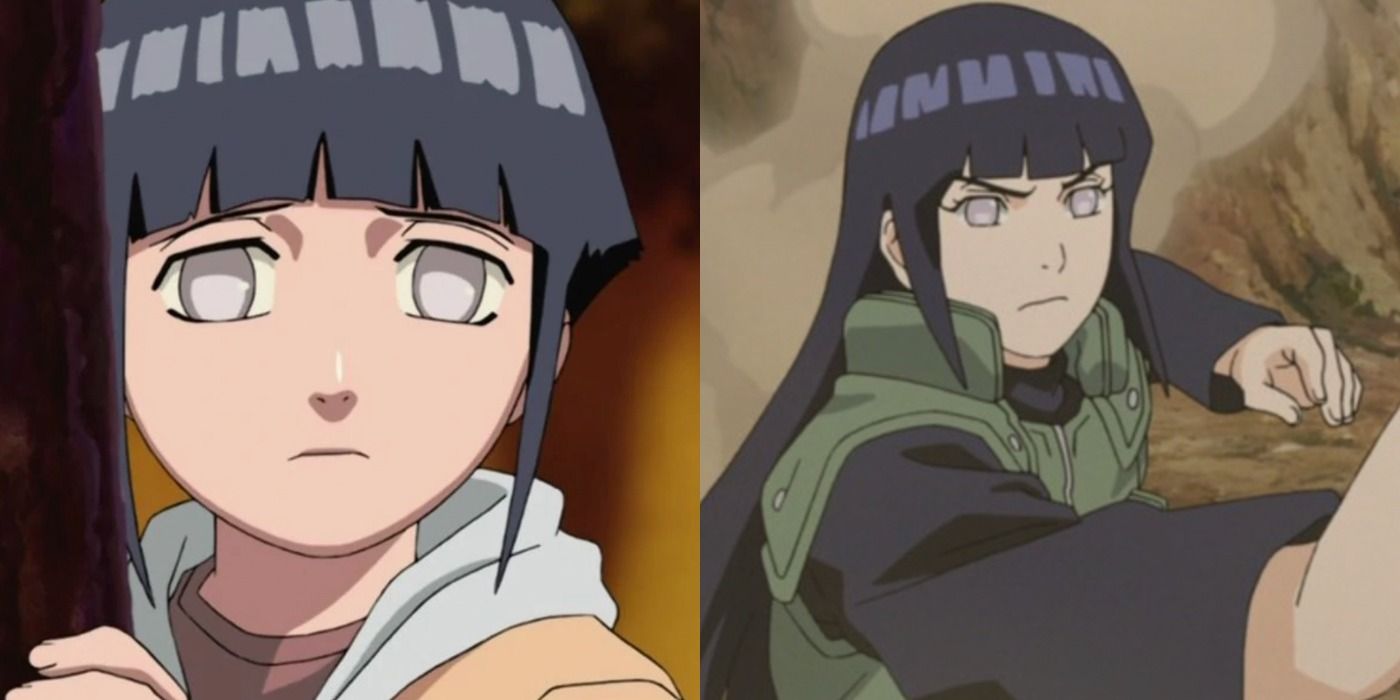 A split image depicts Hinata Hyuga as a child in Naruto and as a teenager in Naruto Shippuden