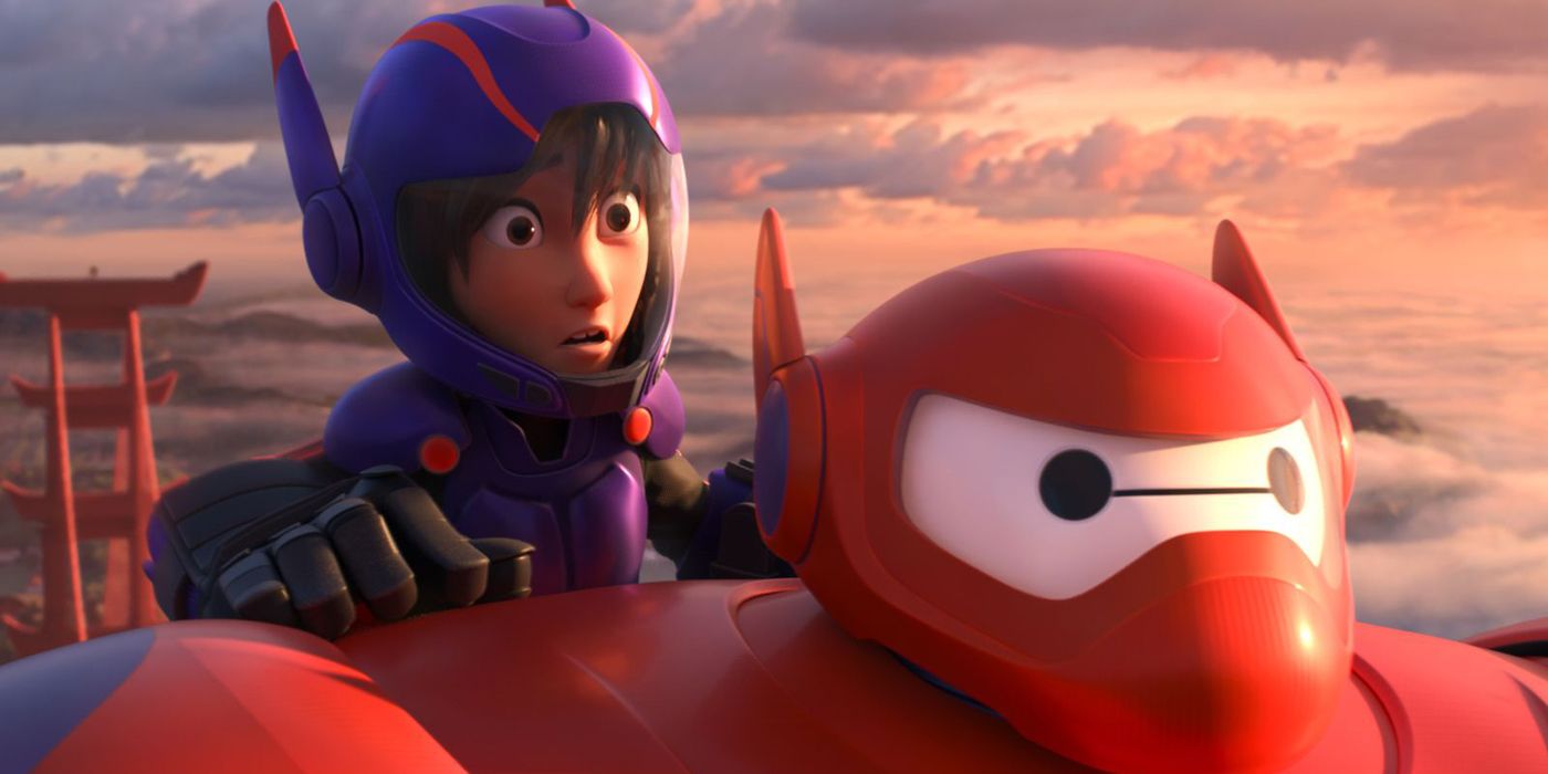 Hiro riding on Baymax in Big Hero 6.