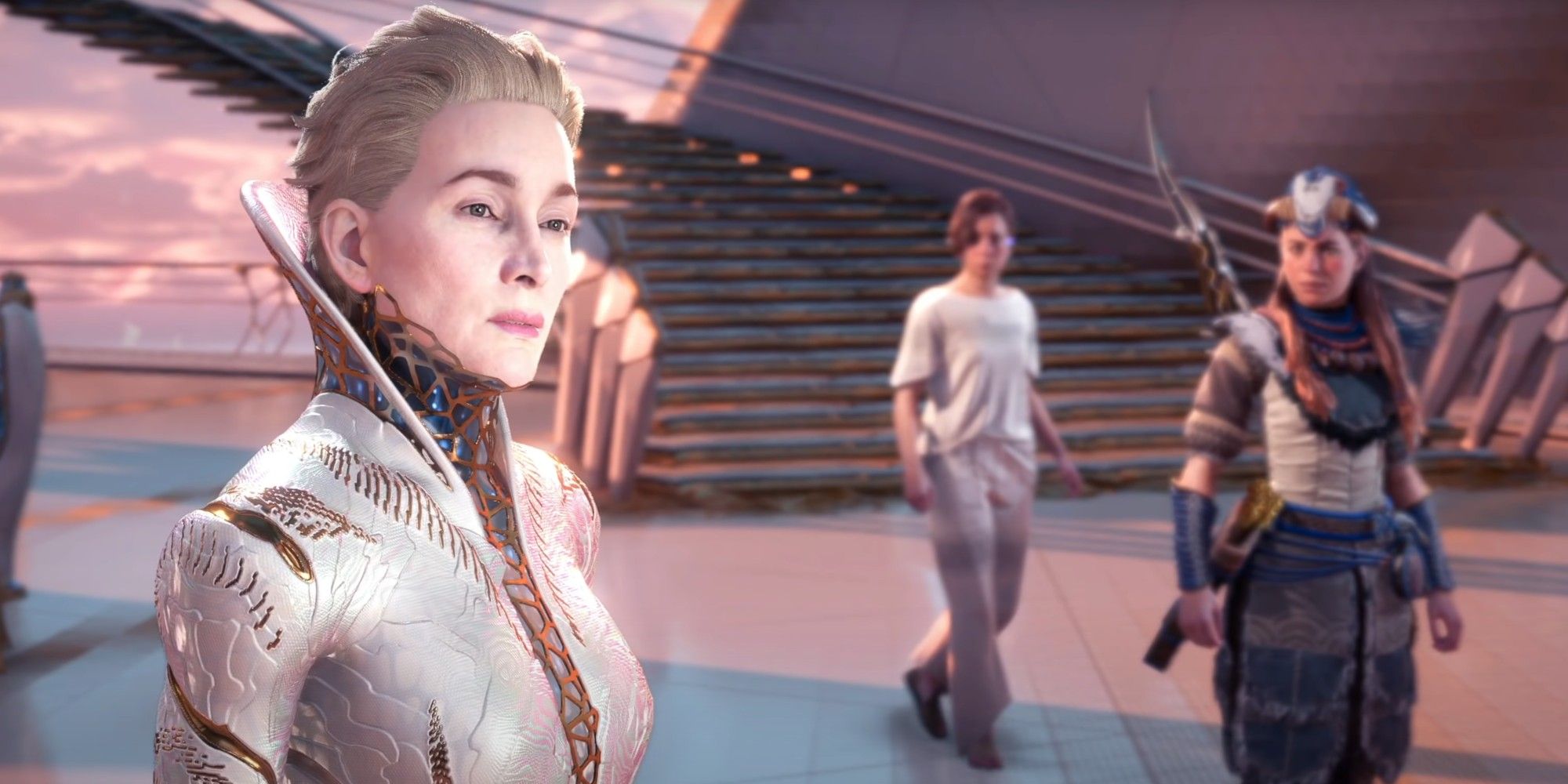 A close-up of Tilda in Horizon Forbidden West with Aloy looking at her in the background