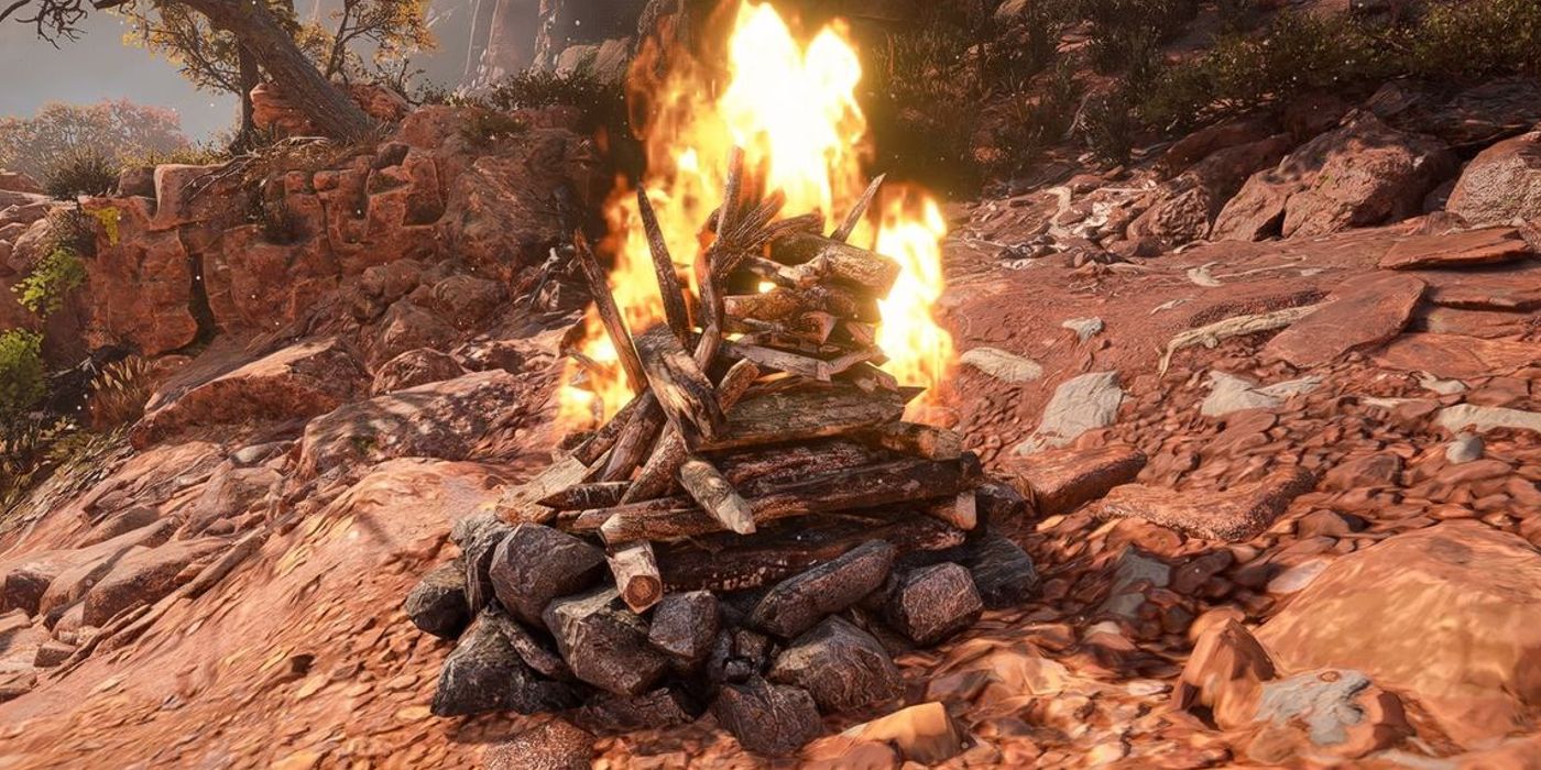 A campfire in Horizon Forbidden West